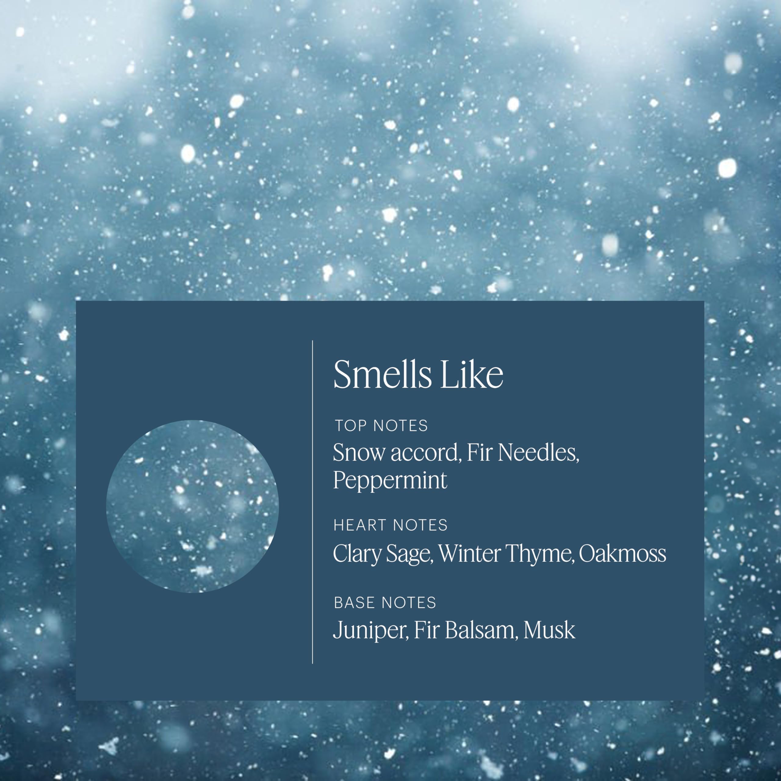 Close-up of Snowfall bottle side view highlighting the wintry aroma blend.