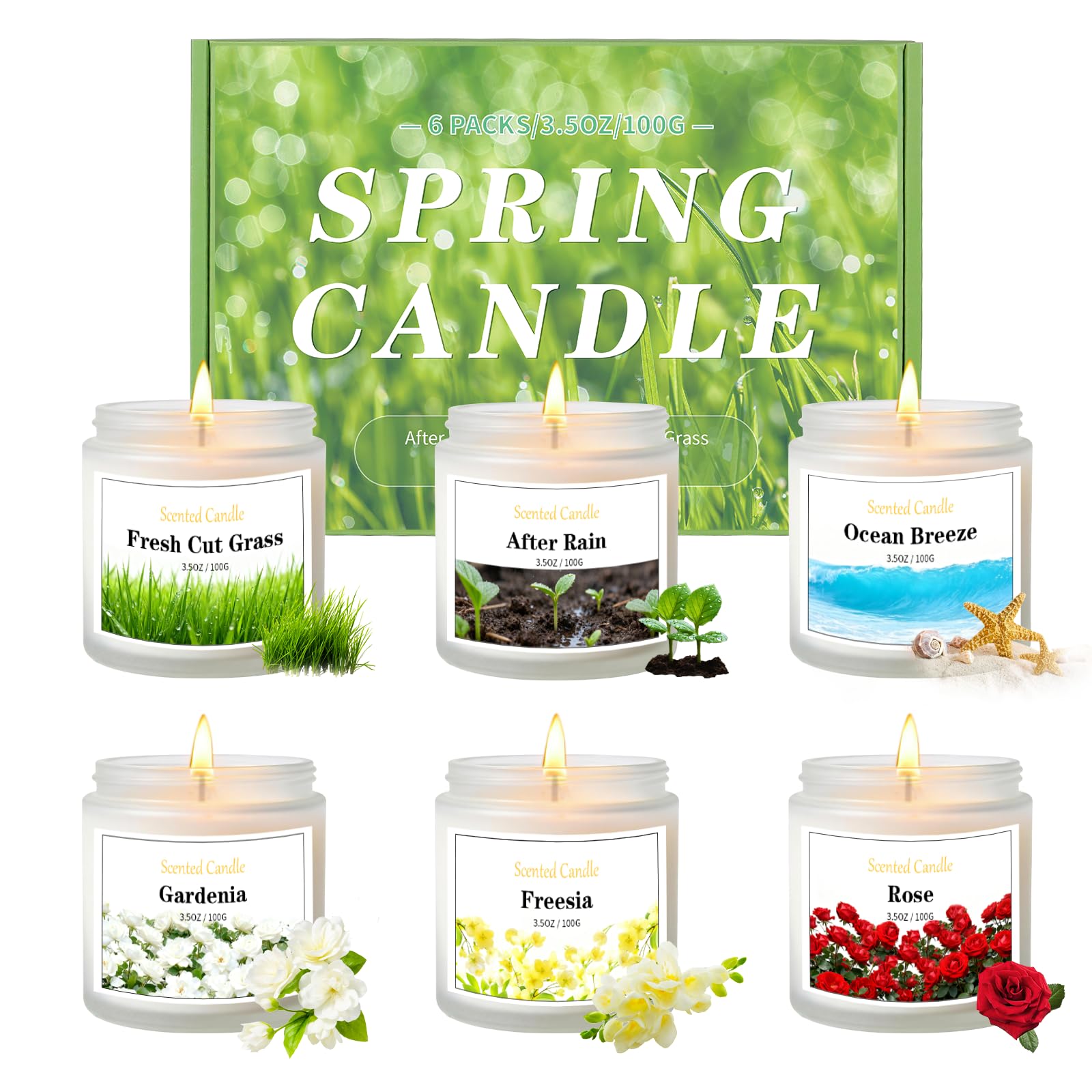 Aeraroma 6-pack spring candles in white frosted jars create cozy ambiance.