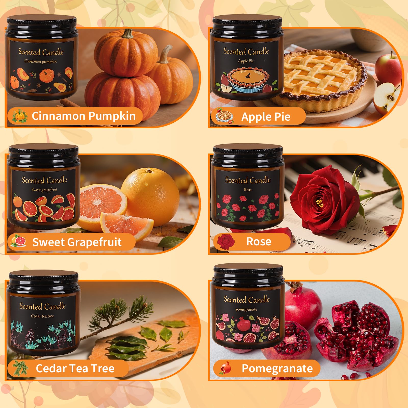 Aeraroma amber-jar candles showcasing six varied scents