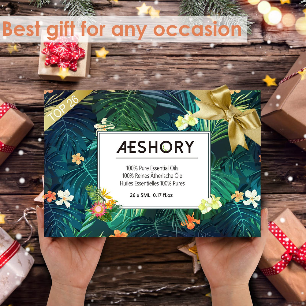 Aeshory essential oils set gift packaging showing elegant presentation.