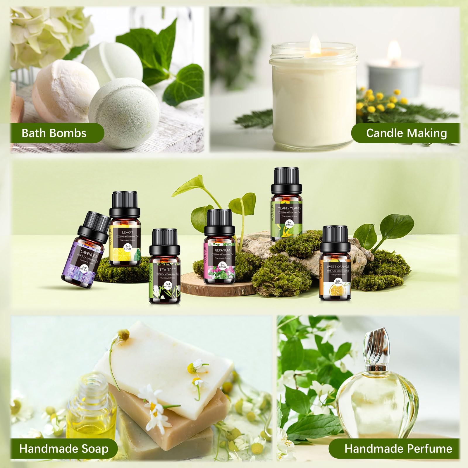 Aeshory essential oils set peppermint bottle for cooling diffuser notes.