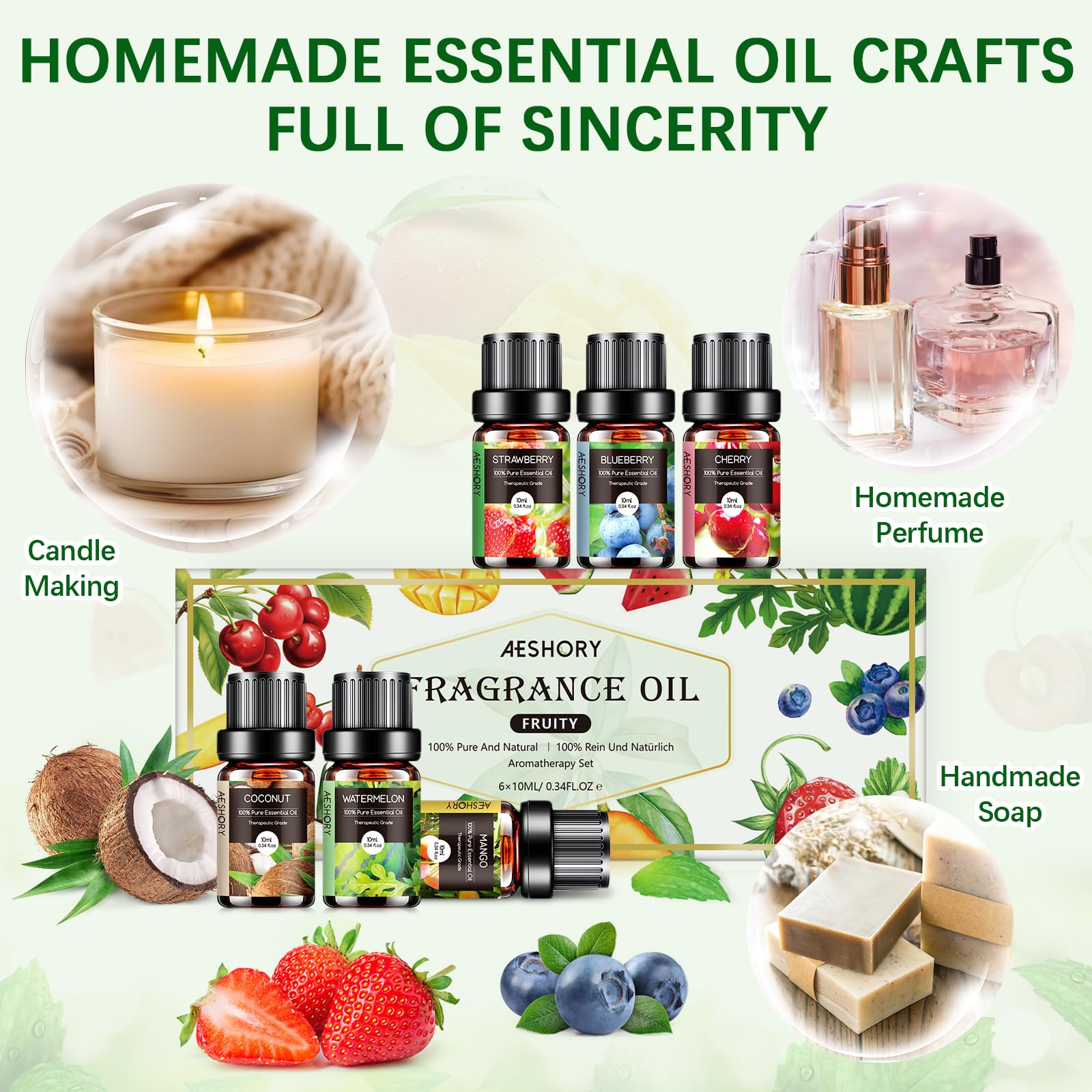 Aeshory fruit oils set — six scents offer versatile diffusion and crafting options.