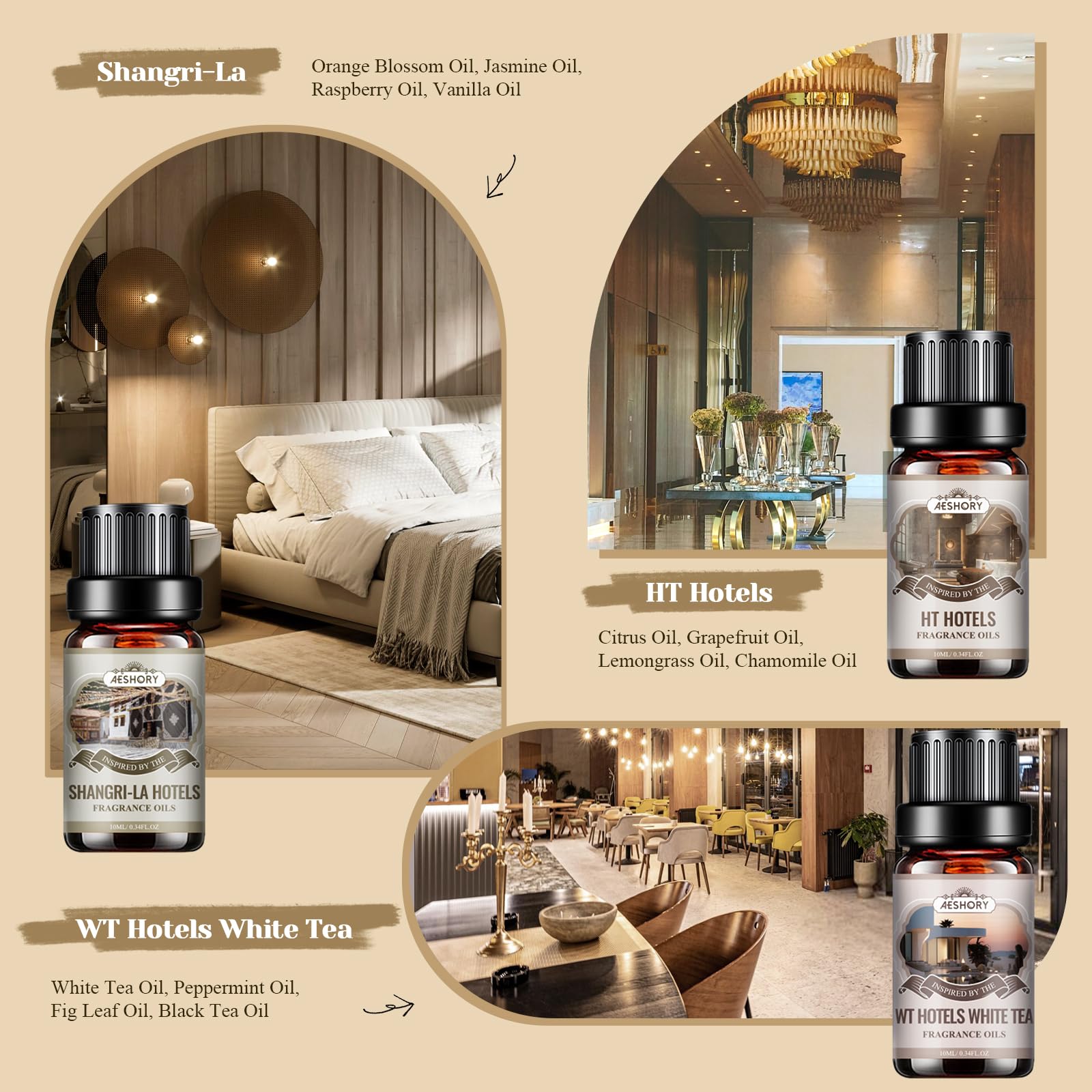 Aeshory HT Hotels scent oil emphasizes hotel-inspired freshness for living spaces.