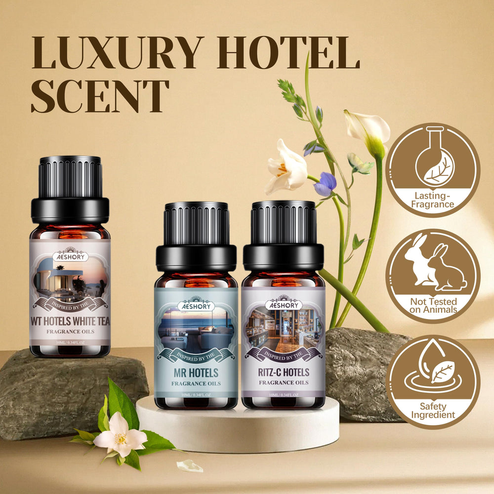Aeshory Hotel Diffuser Oil Set bottles show premium blends for diffusing at home.