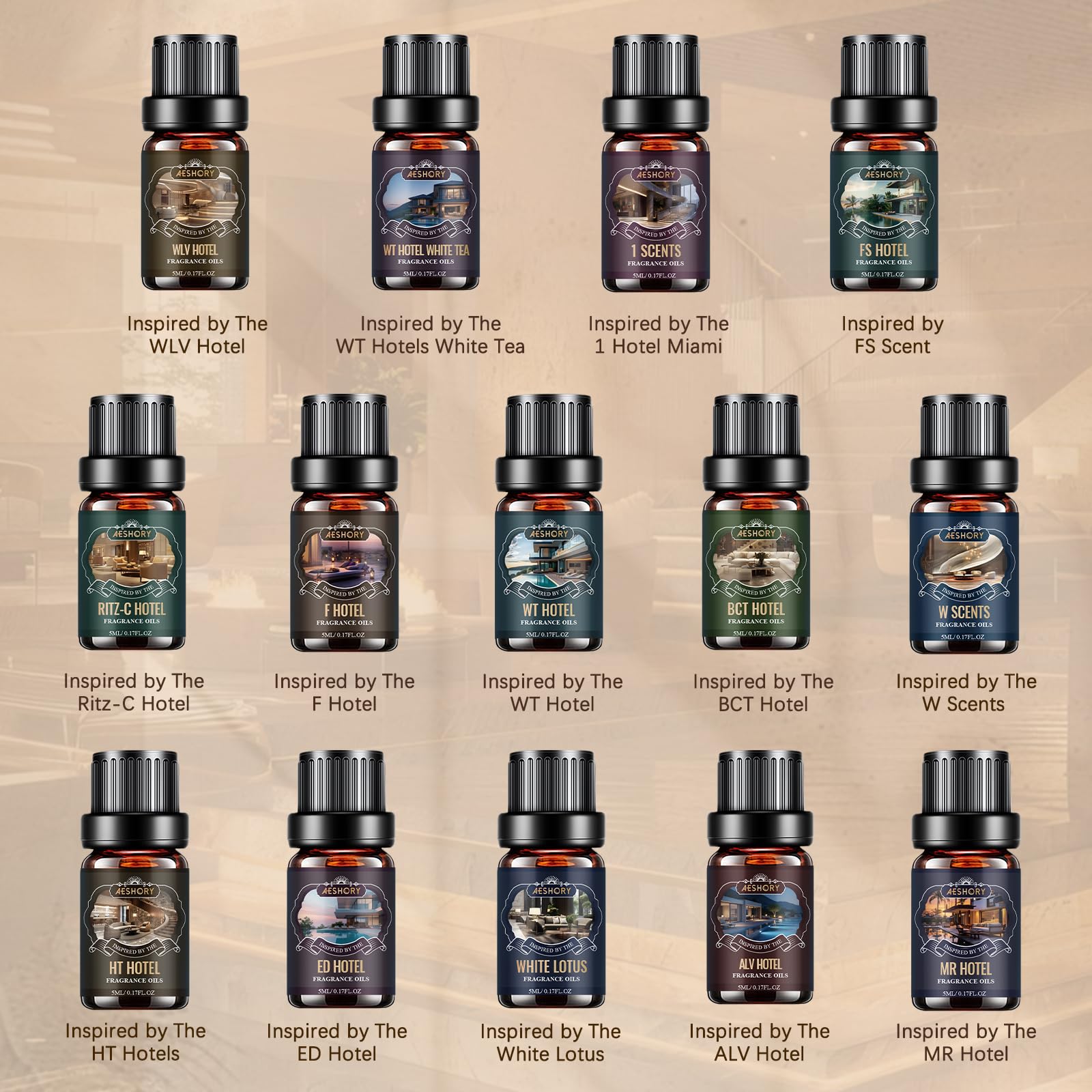Aeshory Hotel Diffuser Oils Set showcasing 14 luxury blends.