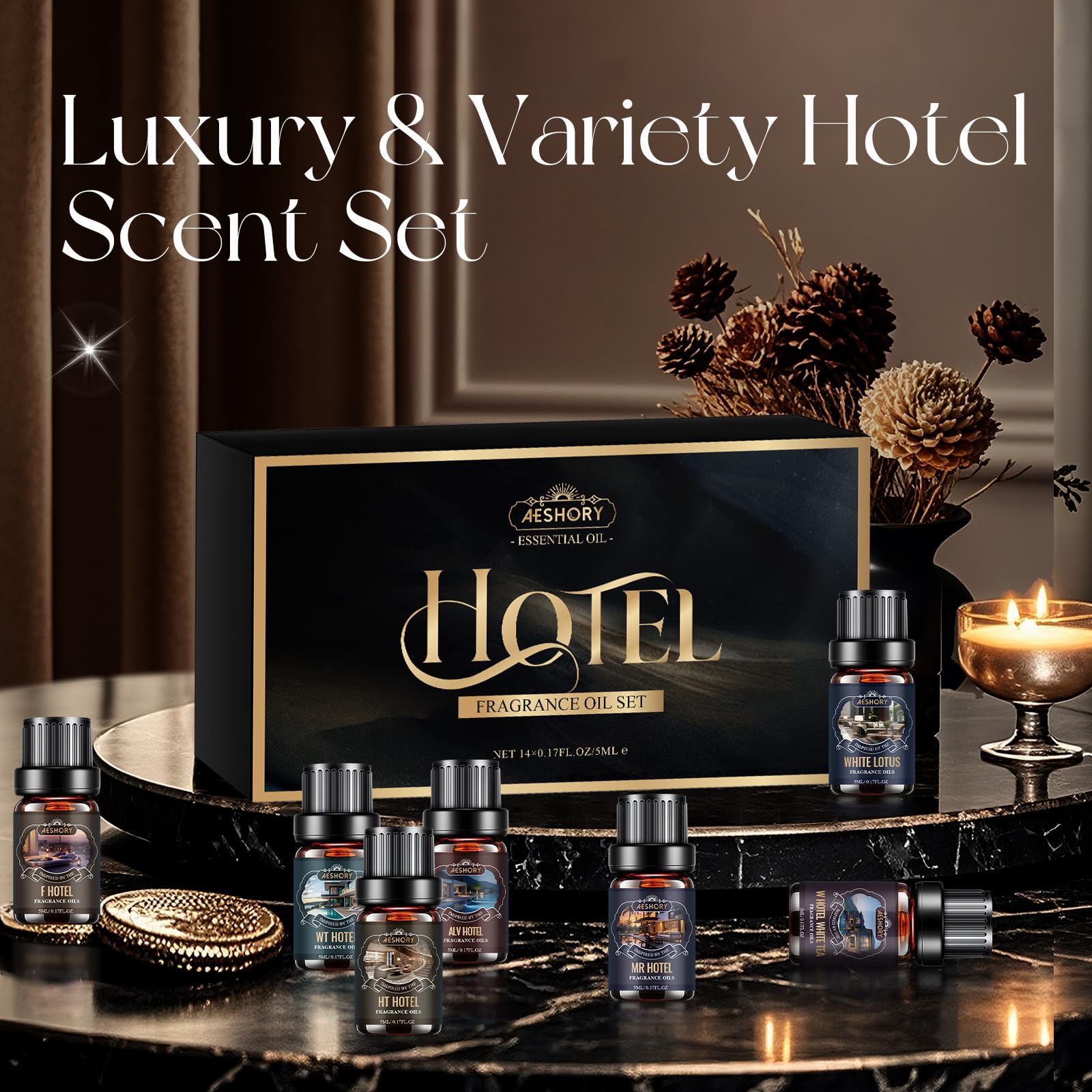 Aeshory diffuser oils arranged with a diffuser to evoke hotel ambiance.