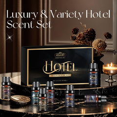 Aeshory diffuser oils arranged with a diffuser to evoke hotel ambiance.