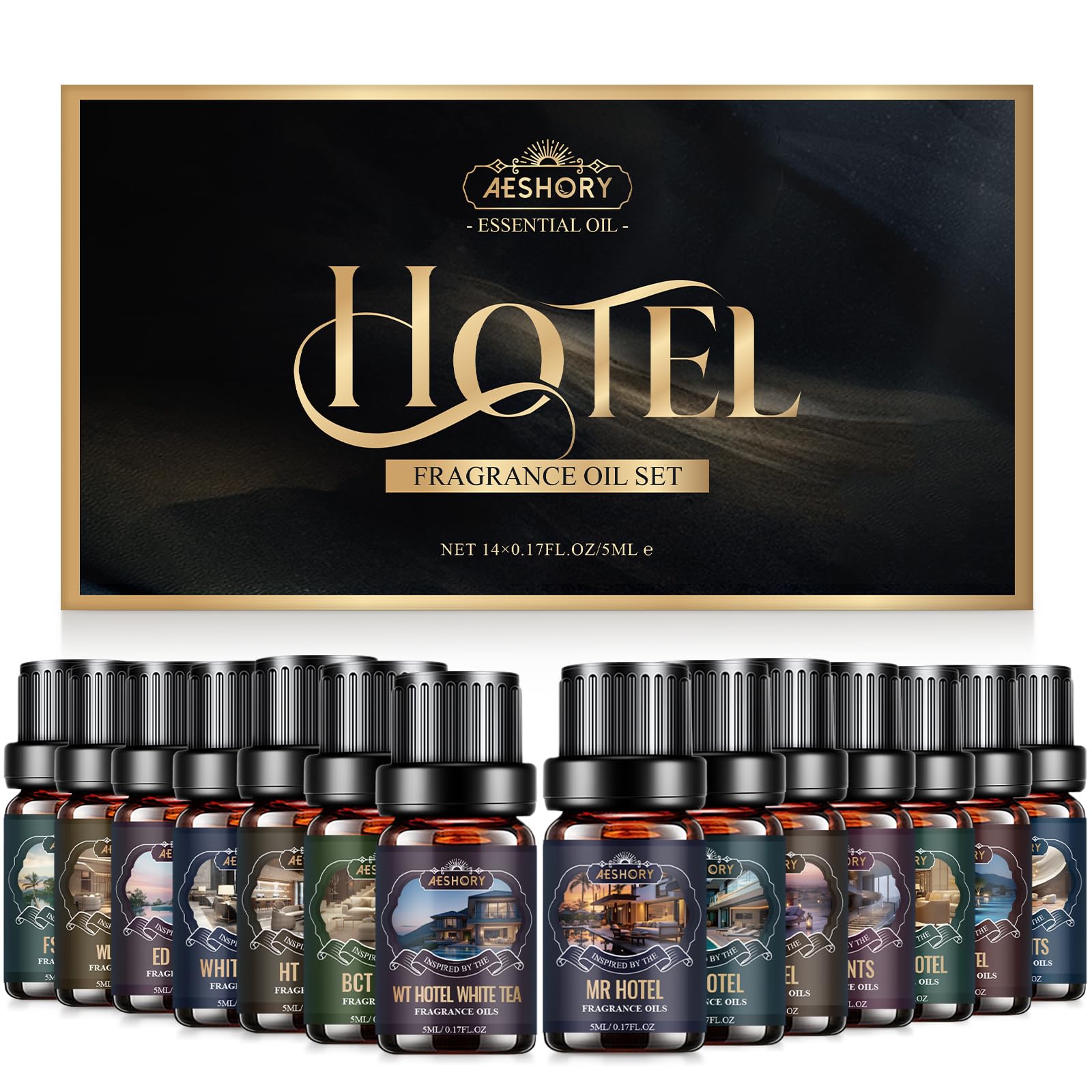 Aeshory Hotel Diffuser Oils Set in gift-ready box for luxury spaces.