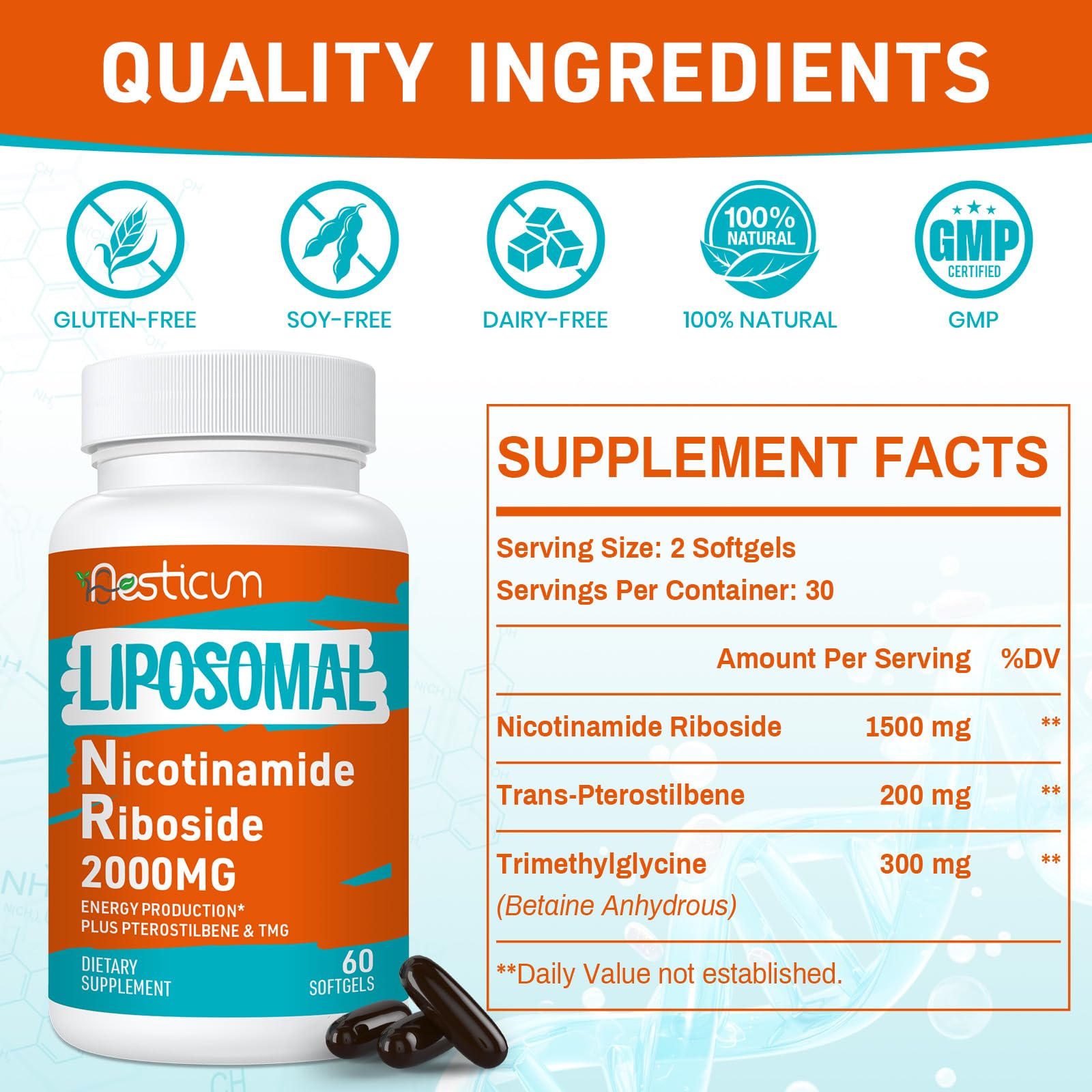 Aesticum Nicotinamide Riboside bottle side view shows compact packaging for daily use.