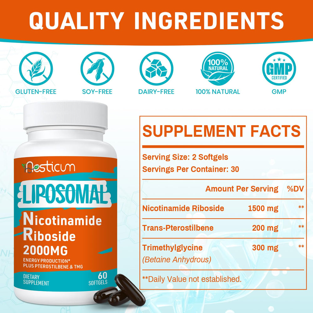 Aesticum Nicotinamide Riboside bottle side view shows compact packaging for daily use.