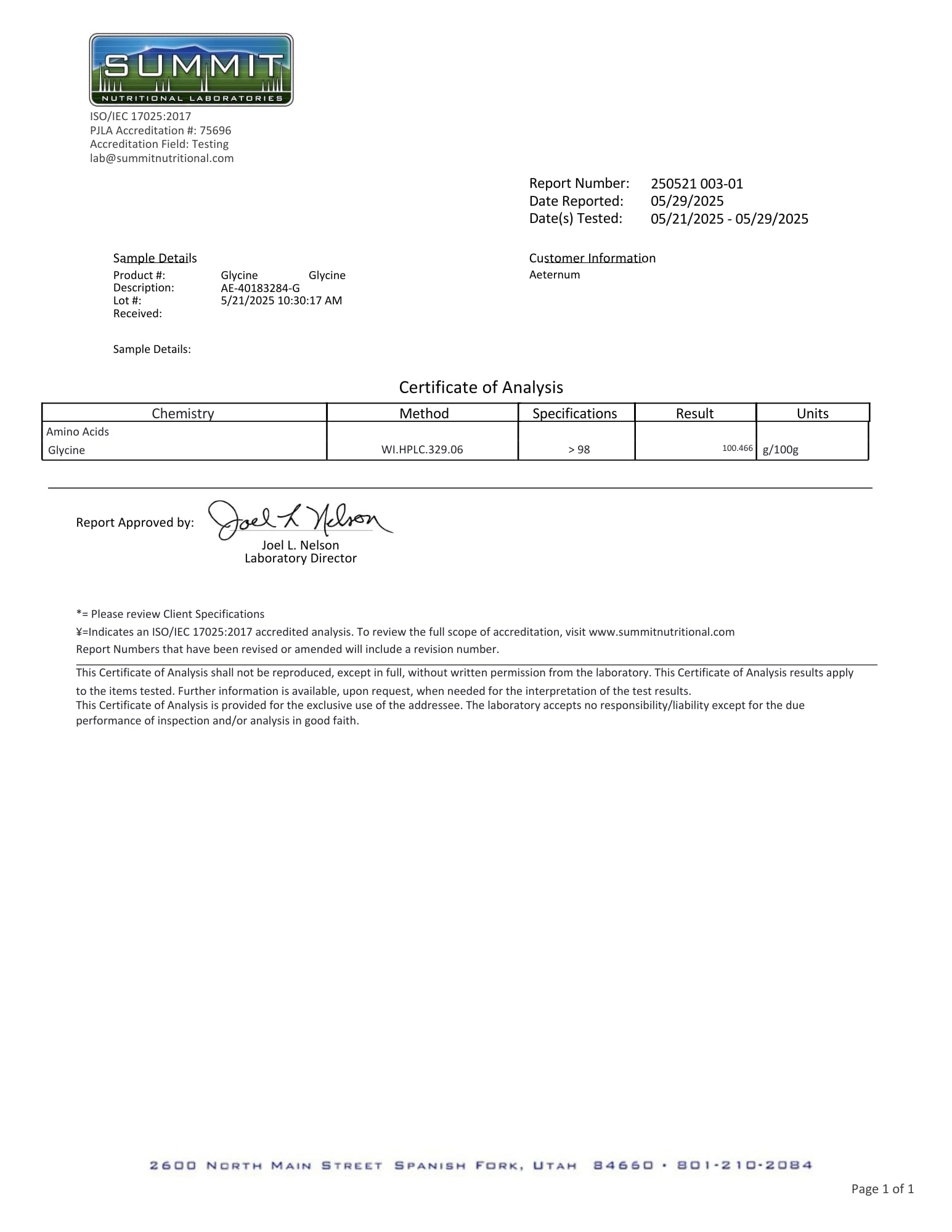 Aeternum GlyNAC powder packaging with third-party certification badge
