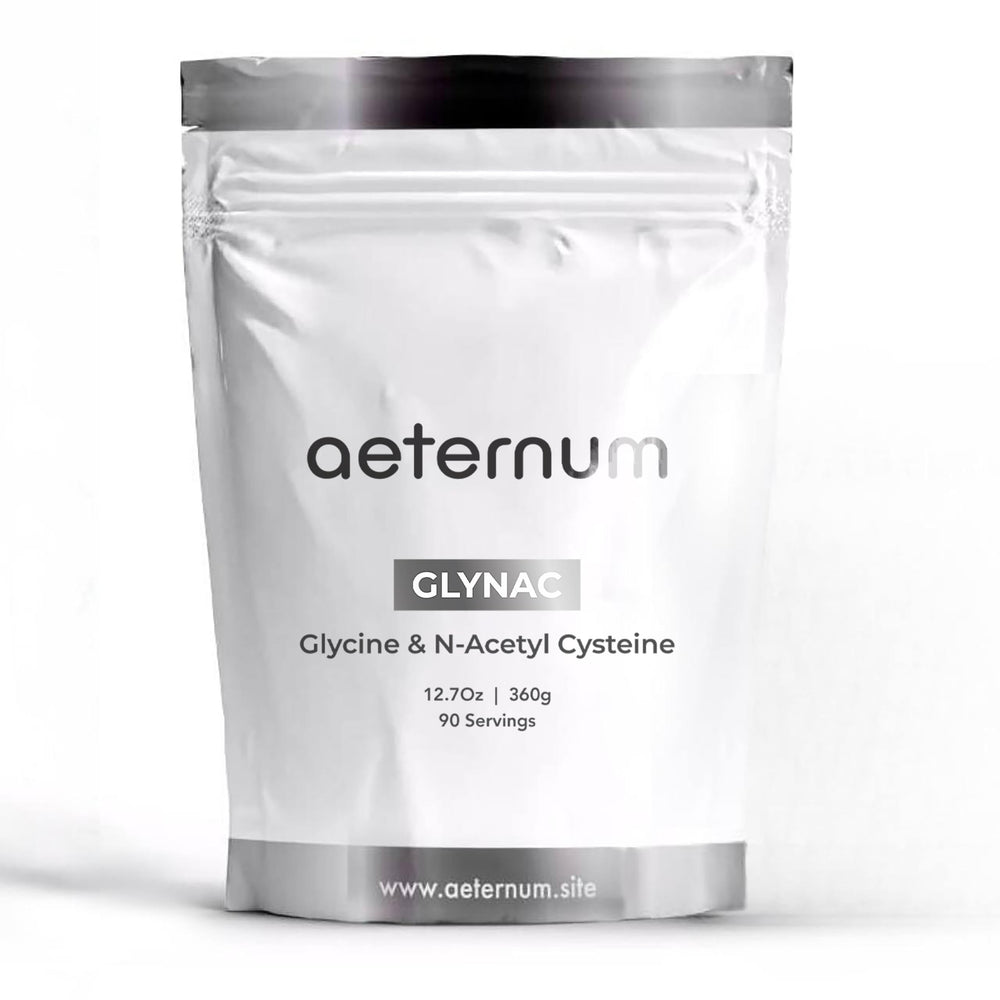 Aeternum GlyNAC powder tub front emphasizing purity and quality