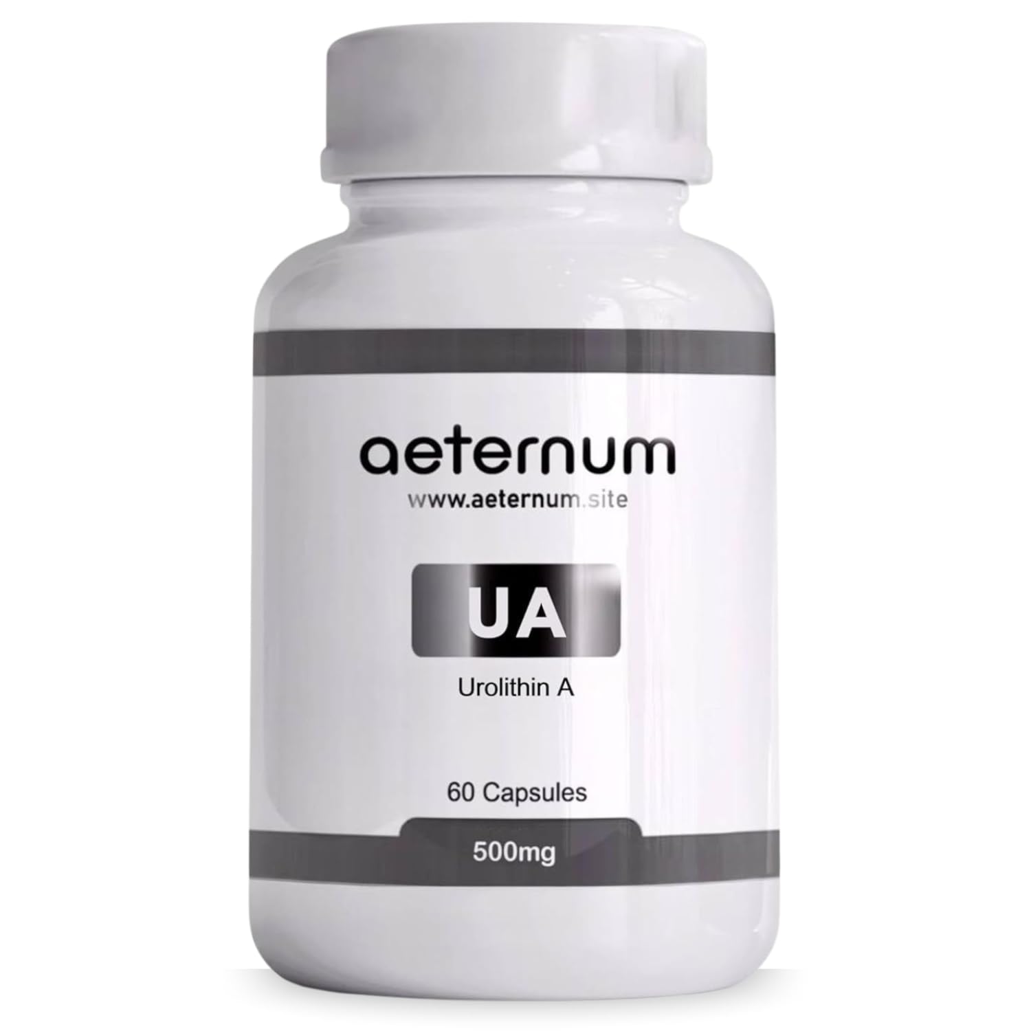 Aeternum Urolithin A 500mg bottle front with a clean, additive-free appearance.