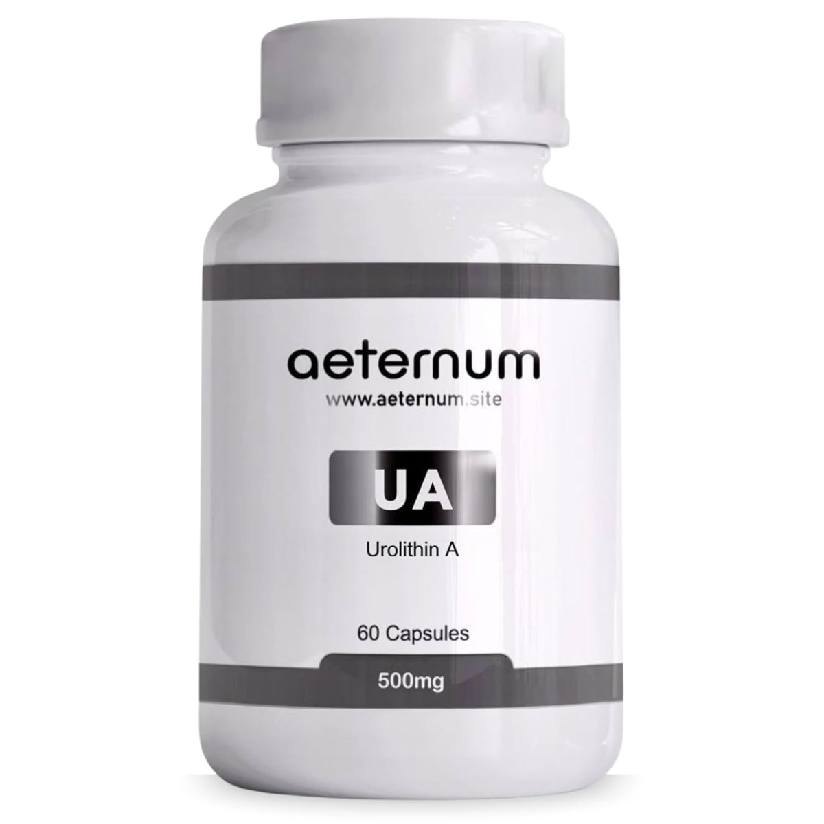 Aeternum Urolithin A 500mg bottle front with a clean, additive-free appearance.