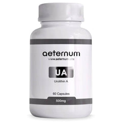 Aeternum Urolithin A 500mg bottle front with a clean, additive-free appearance.