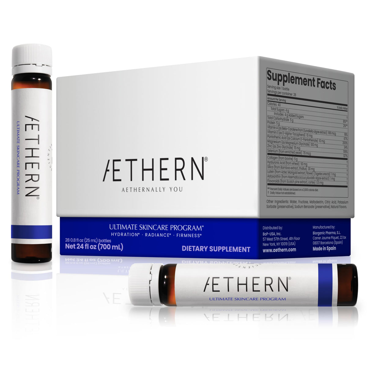 AETHERN liquid skin care supplement bottle being poured for daily hydration.