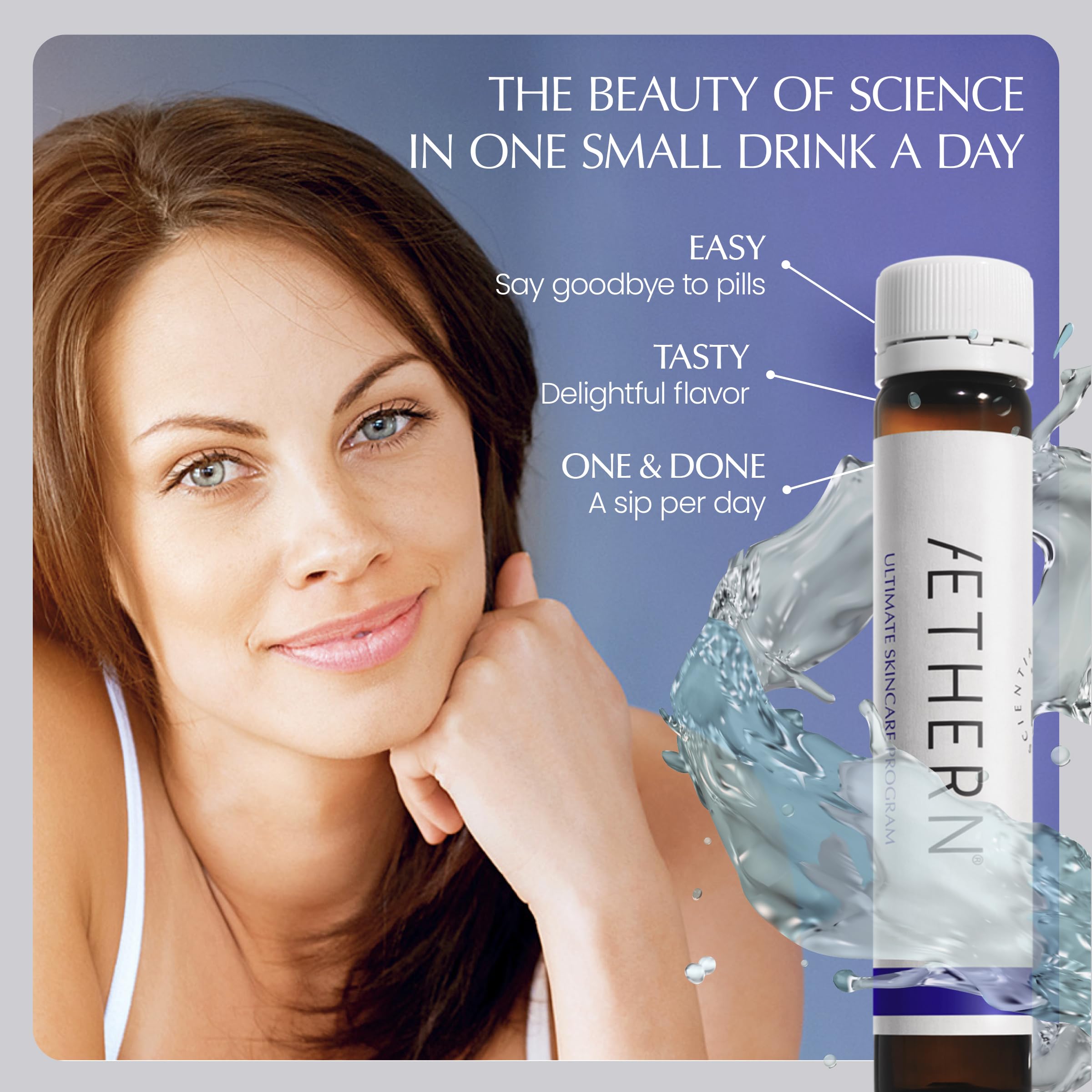 AETHERN skincare routine setup with water and the ready-to-drink supplement.