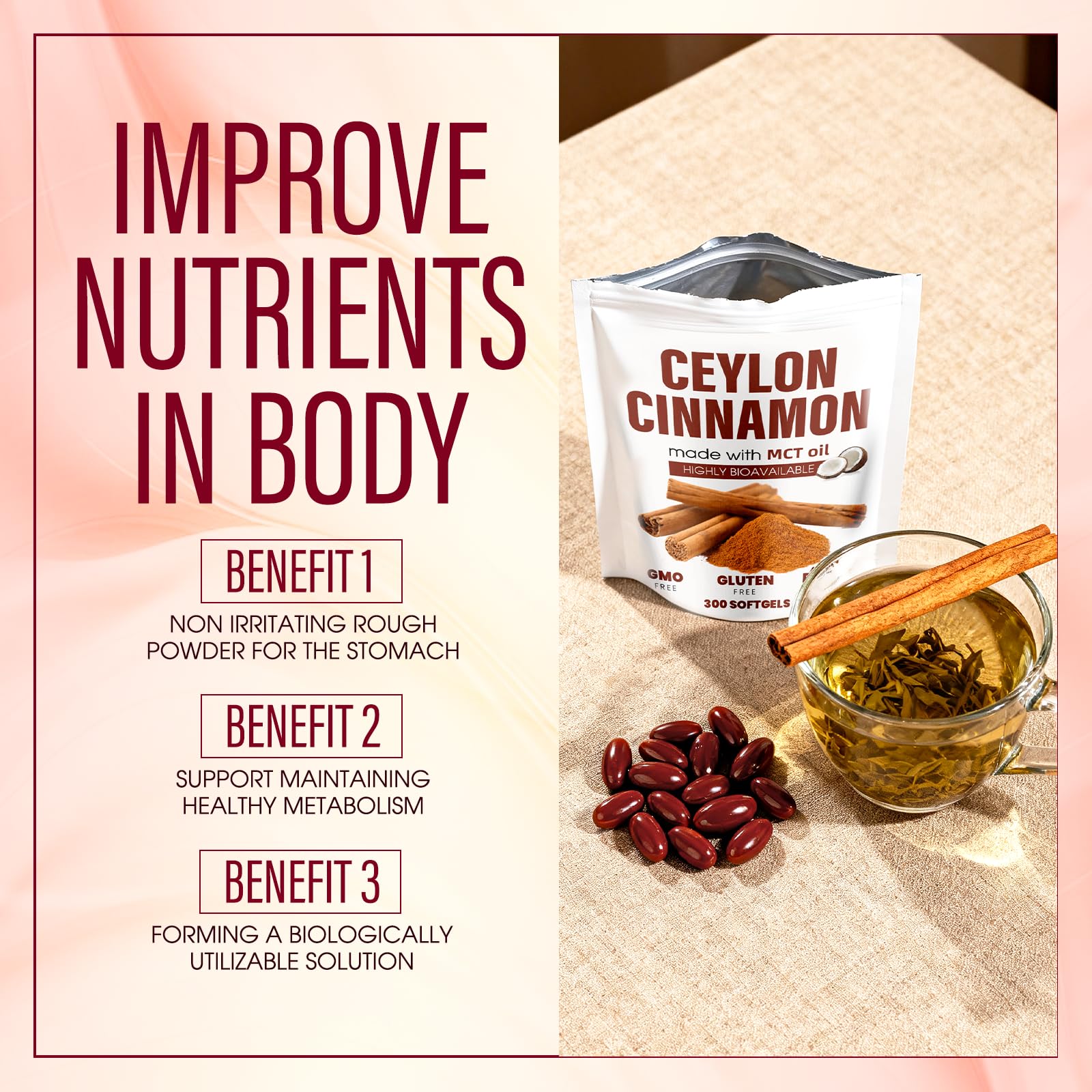 Aevezom Ceylon Cinnamon Softgels box and bottle arrangement emphasizing packaging and safety features