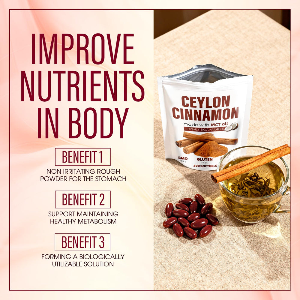 Aevezom Ceylon Cinnamon Softgels box and bottle arrangement emphasizing packaging and safety features