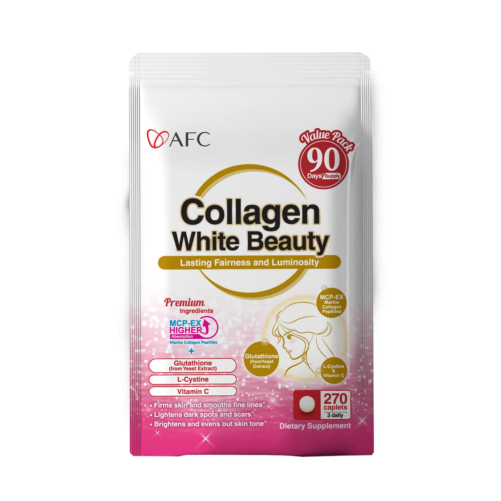 AFC Japan Collagen White Beauty bottle highlighting a premium skin-support blend for radiance