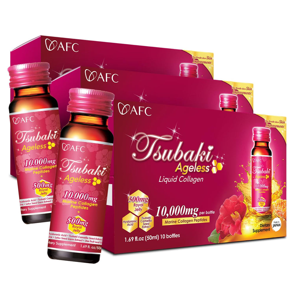 AFC Japan Tsubaki Ageless bottle displays the collagen drink for radiant skin support.