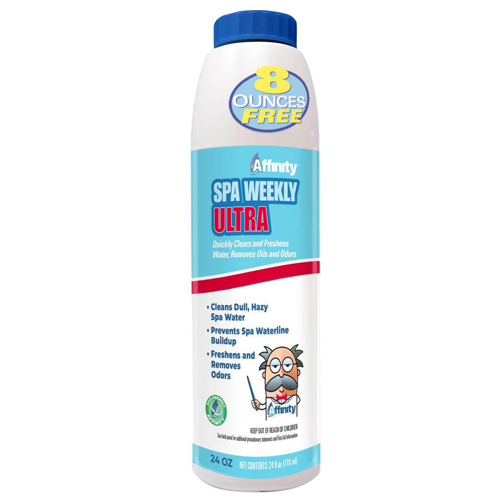 Affinity Spa Weekly Ultra bottle pour demonstrates easy dosing for consistent spa maintenance.