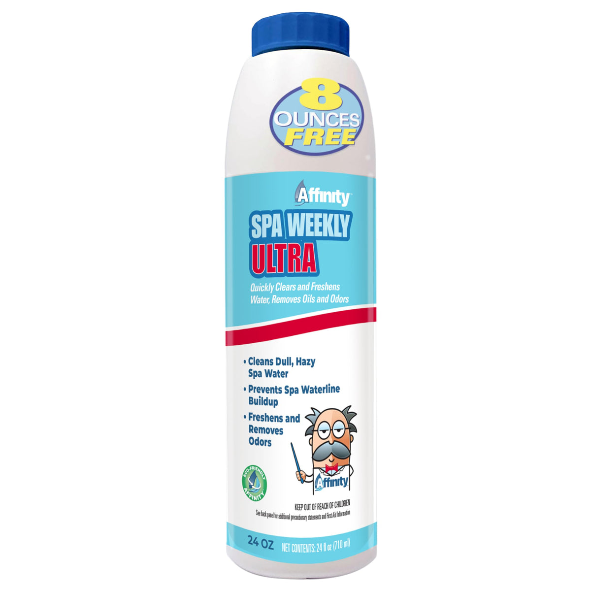 Affinity Spa Weekly Ultra bottle pour demonstrates easy dosing for consistent spa maintenance.