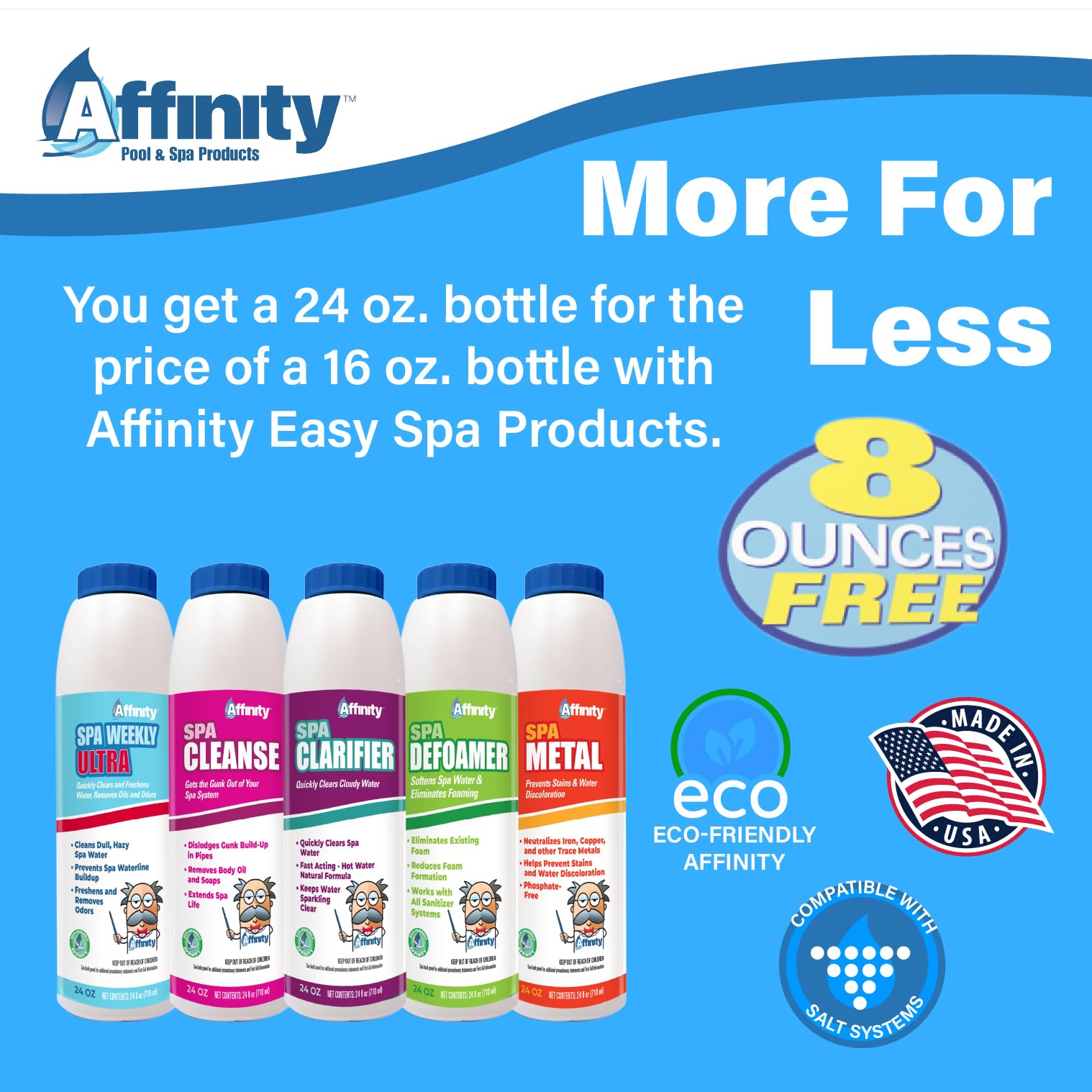 Affinity Spa Weekly Ultra scale-formation demonstrates mineral buildup prevention on spa surfaces.