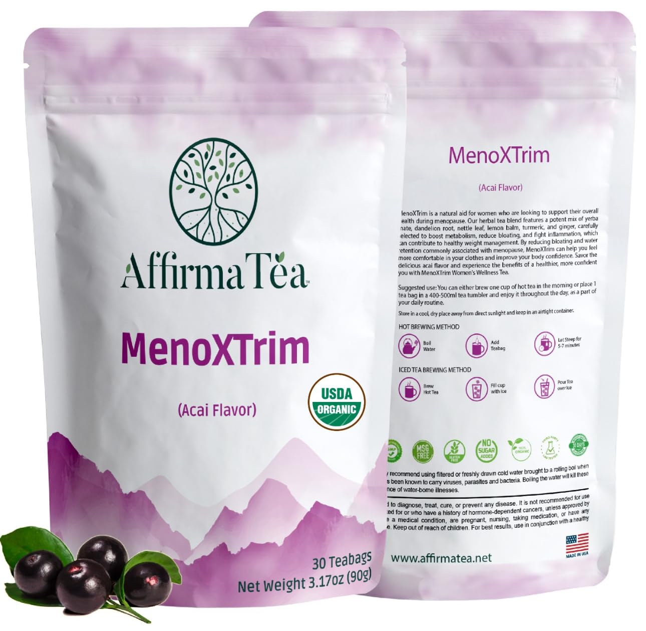 AffirmaTea MenoXTrim bottle pour reveals acai flavor and menopausal support.
