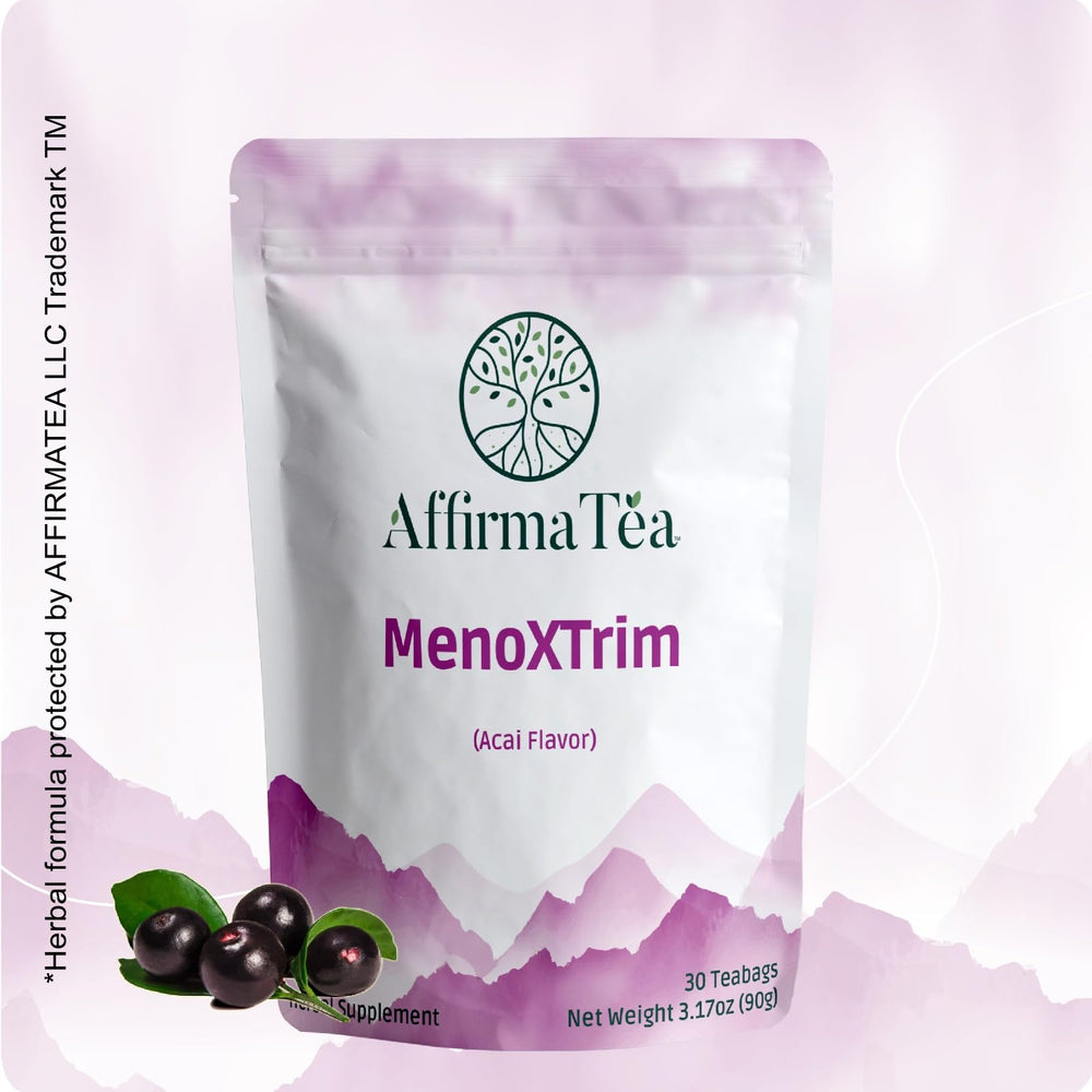 AffirmaTea MenoXTrim glass jar with herbs conveys natural wellness approach.