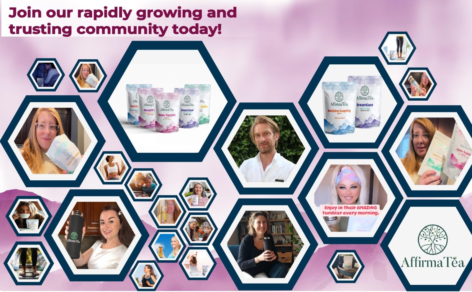 AffirmaTea MenoXTrim product shot on countertop highlights modern menopause support.
