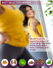 AffirmaTea MenoXTrim tea cup steep highlights herbal blend for balanced mood and digestion.