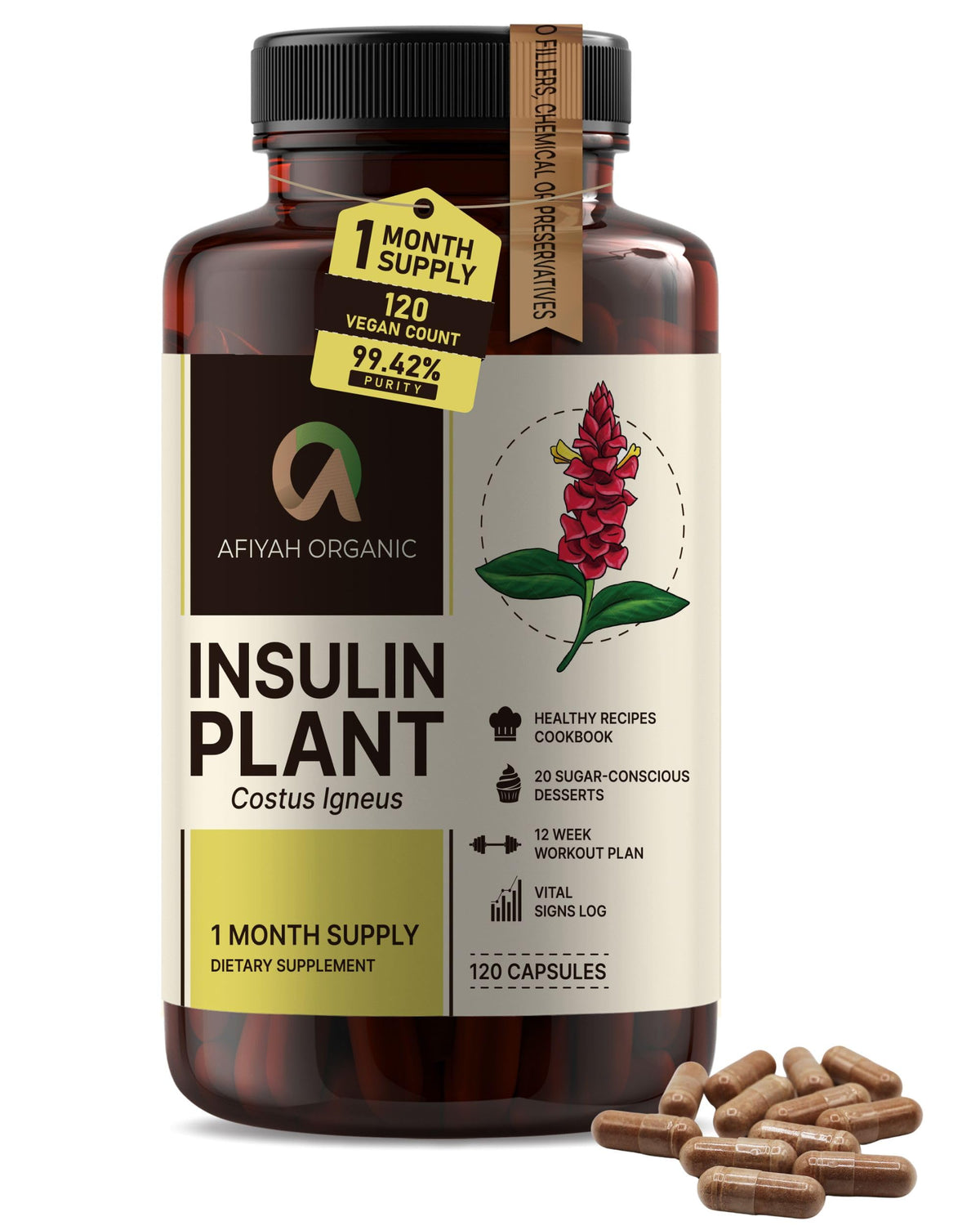 Afiyah Organic Costus Igneus capsules bottle front shows premium, easy daily use.