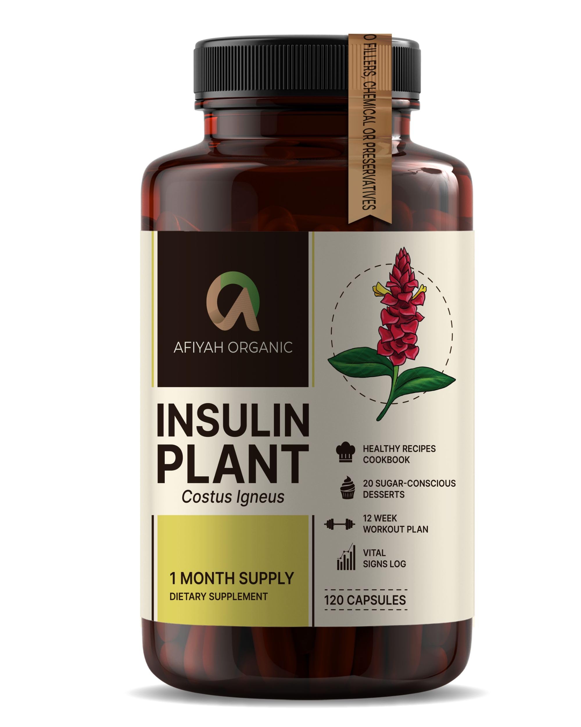 Afiyah Organic Costus Igneus capsules next to glass of water for daily intake.