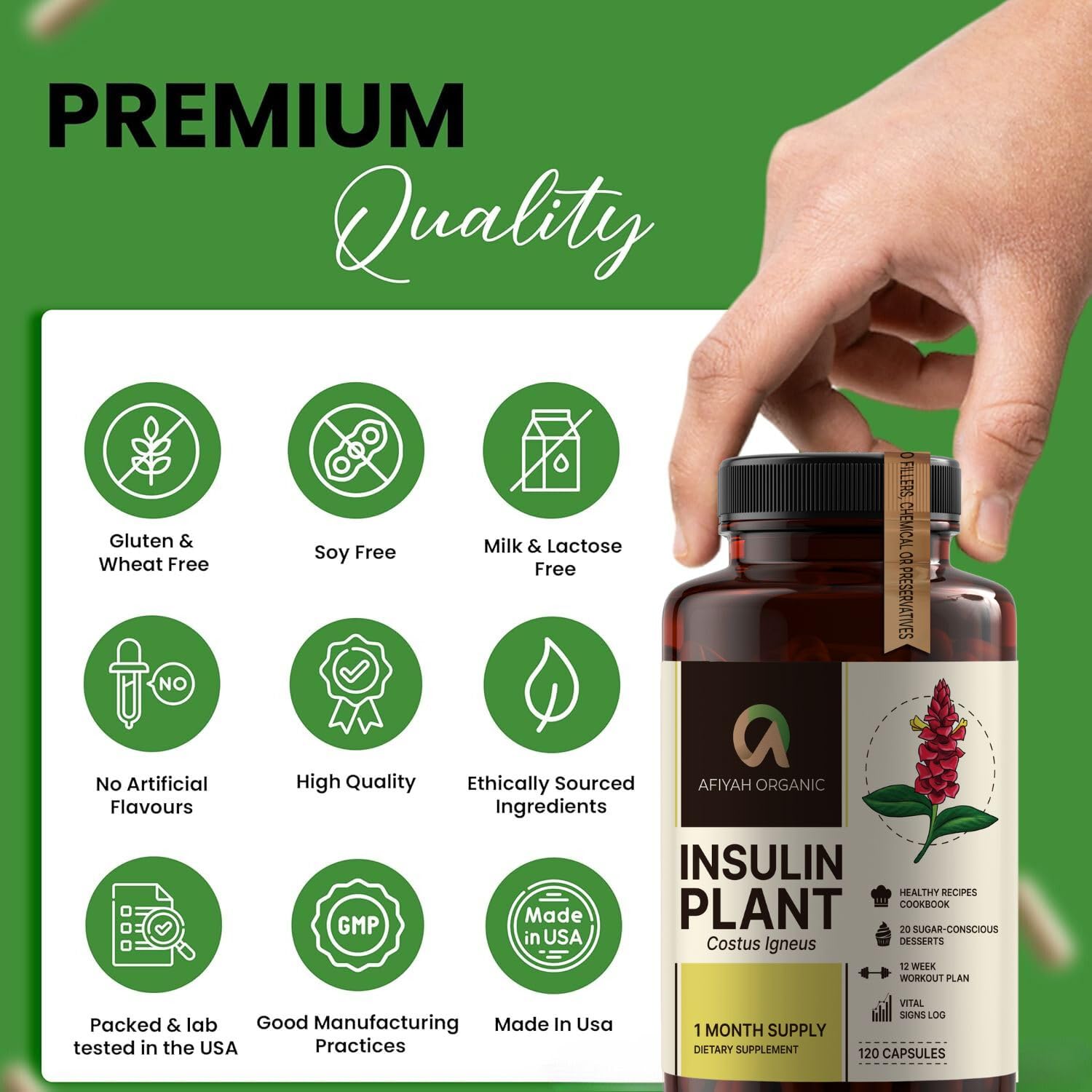 Afiyah Organic Costus Igneus capsules health support program guide included.
