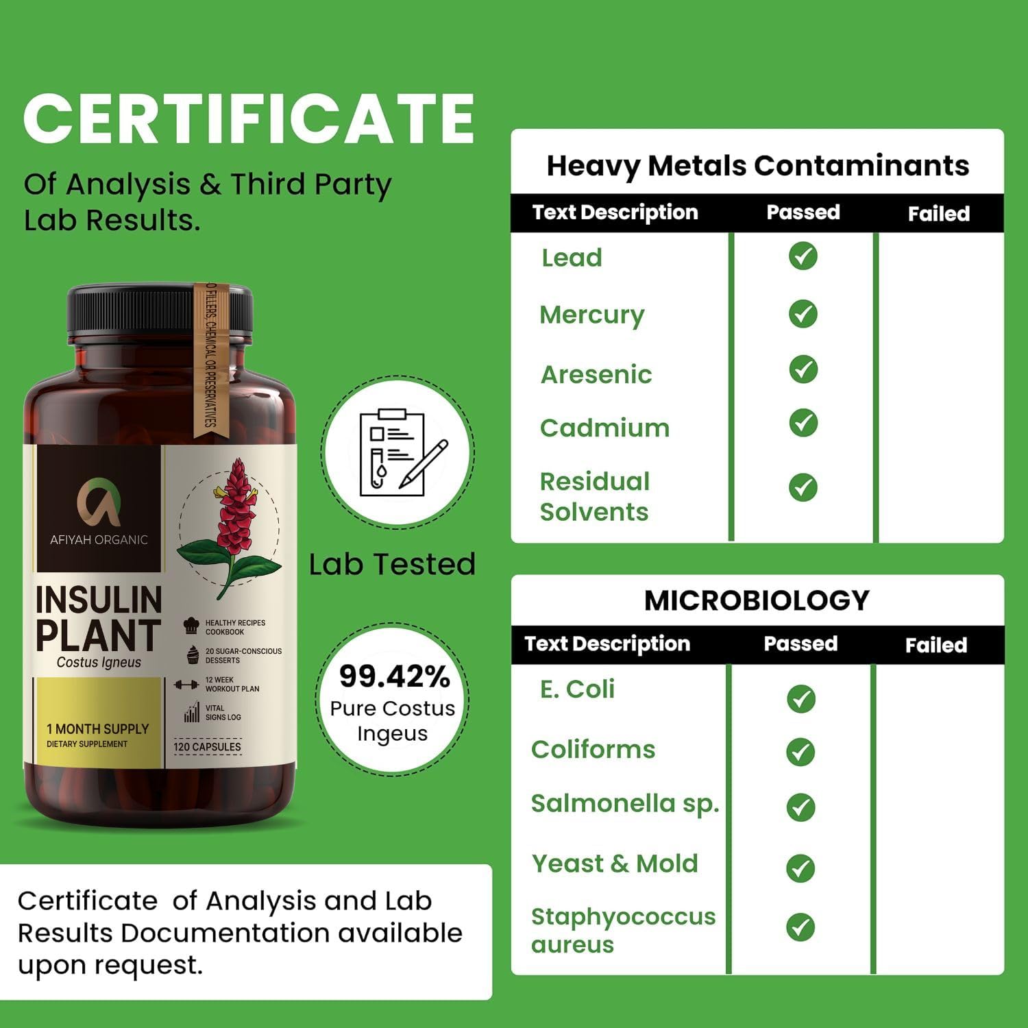 Afiyah Organic Costus Igneus capsules plant-based ingredients highlighted on label.