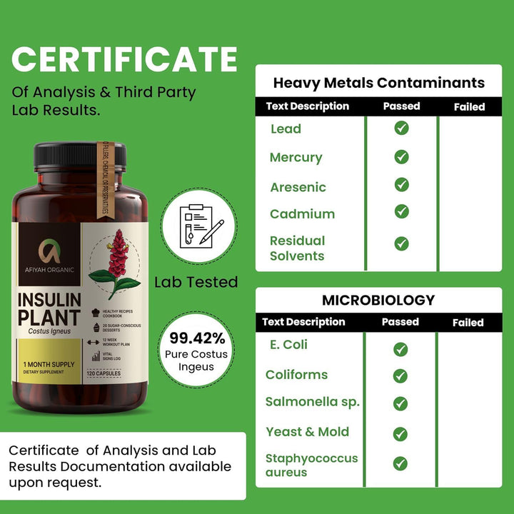 Afiyah Organic Costus Igneus capsules plant-based ingredients highlighted on label.