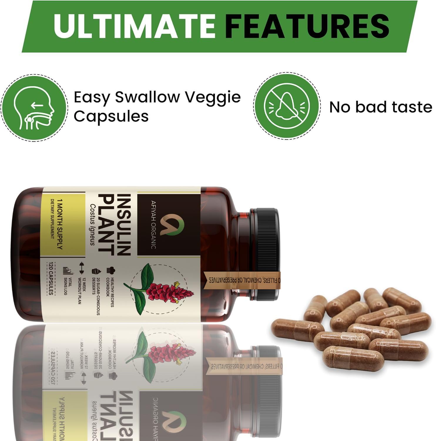 Afiyah Organic Costus Igneus capsules small-size capsules for easy swallowing.