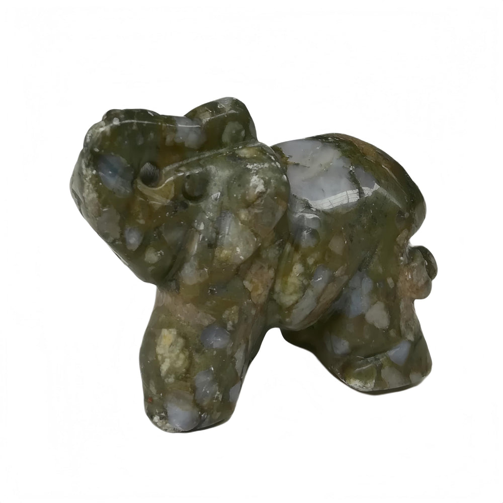 Afucats rhyolite elephant figurine close-up highlights unique texture for shelves.
