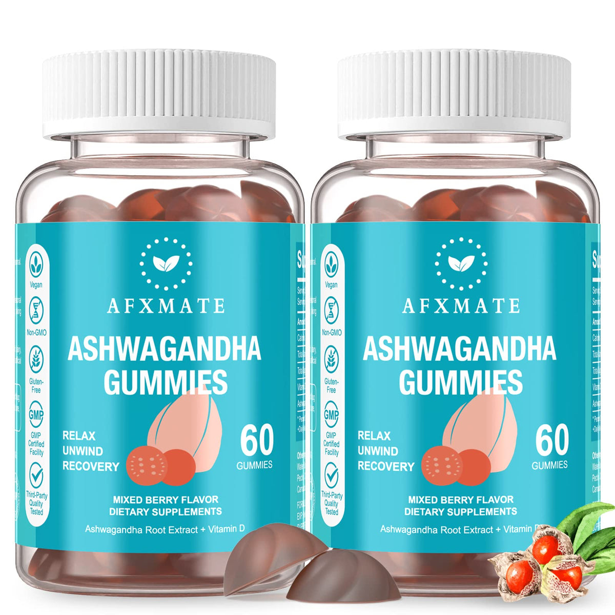 AFXMATE Ashwagandha Gummies bottle front showing convenient daily use