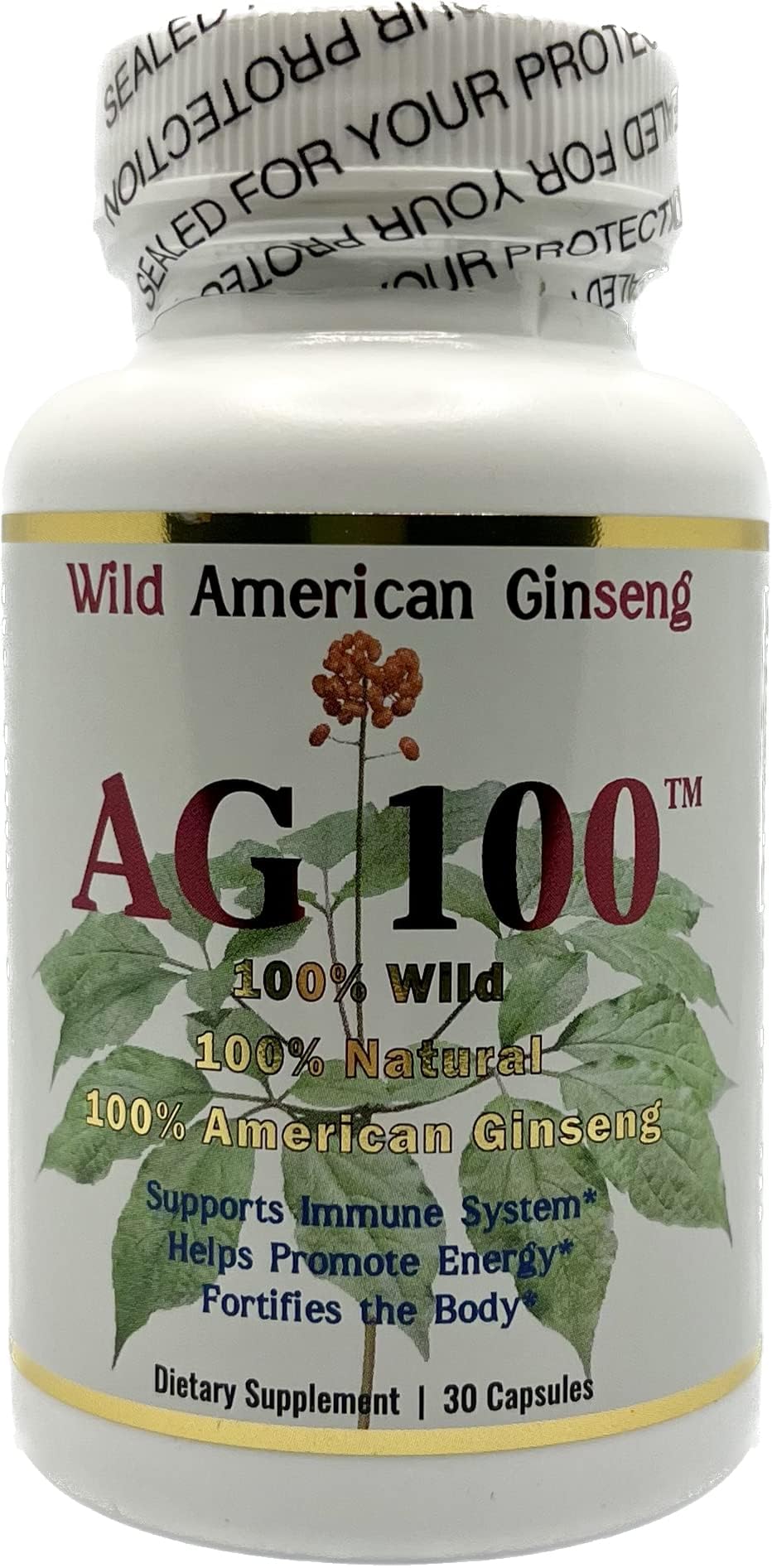AG 100 bottle with wild American ginseng capsules, convenient daily supplement