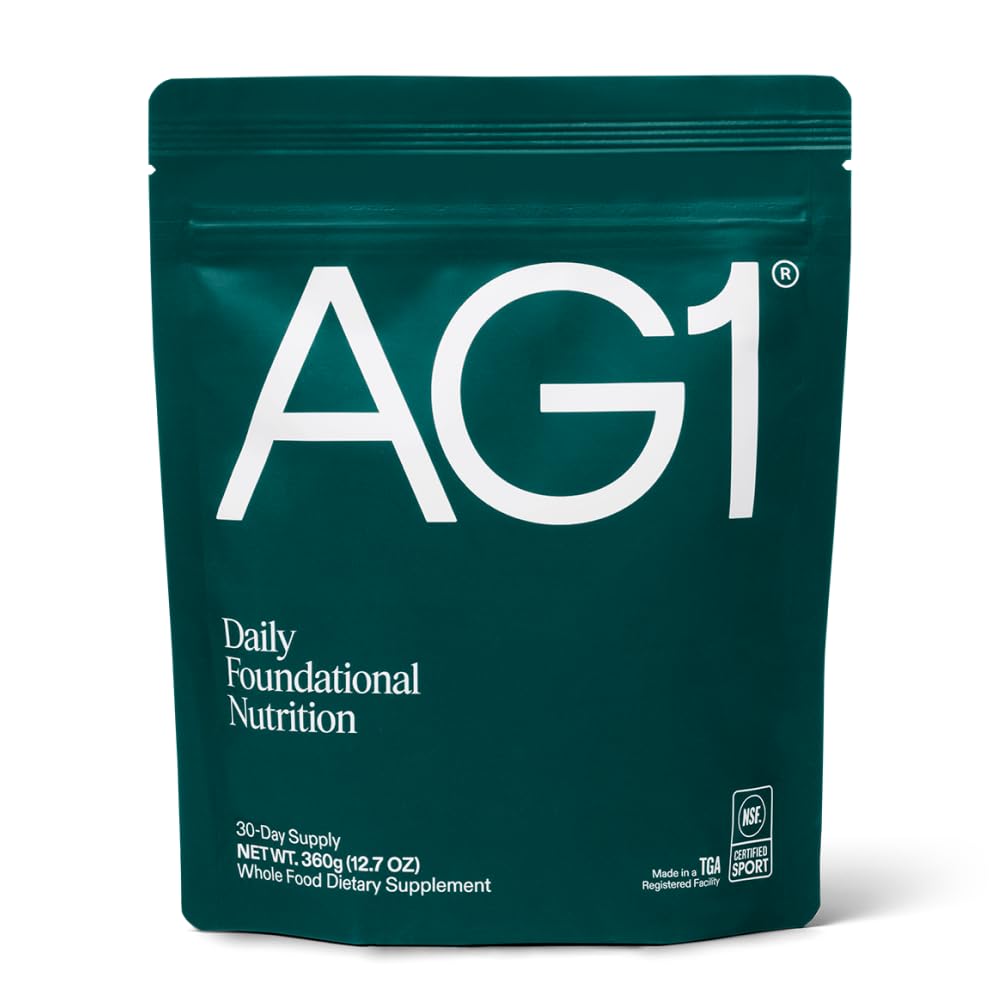 AG1 greens powder refill pouch with daily nutrient coverage and gut support.