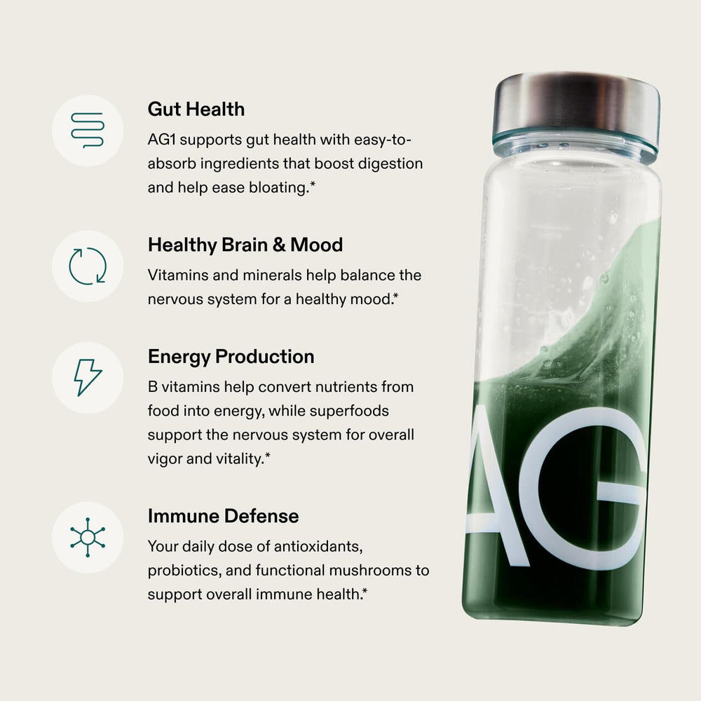AG1 ingredient panel highlights 75+ vitamins and probiotics for daily coverage.