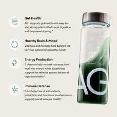 AG1 ingredient panel highlights 75+ vitamins and probiotics for daily coverage.