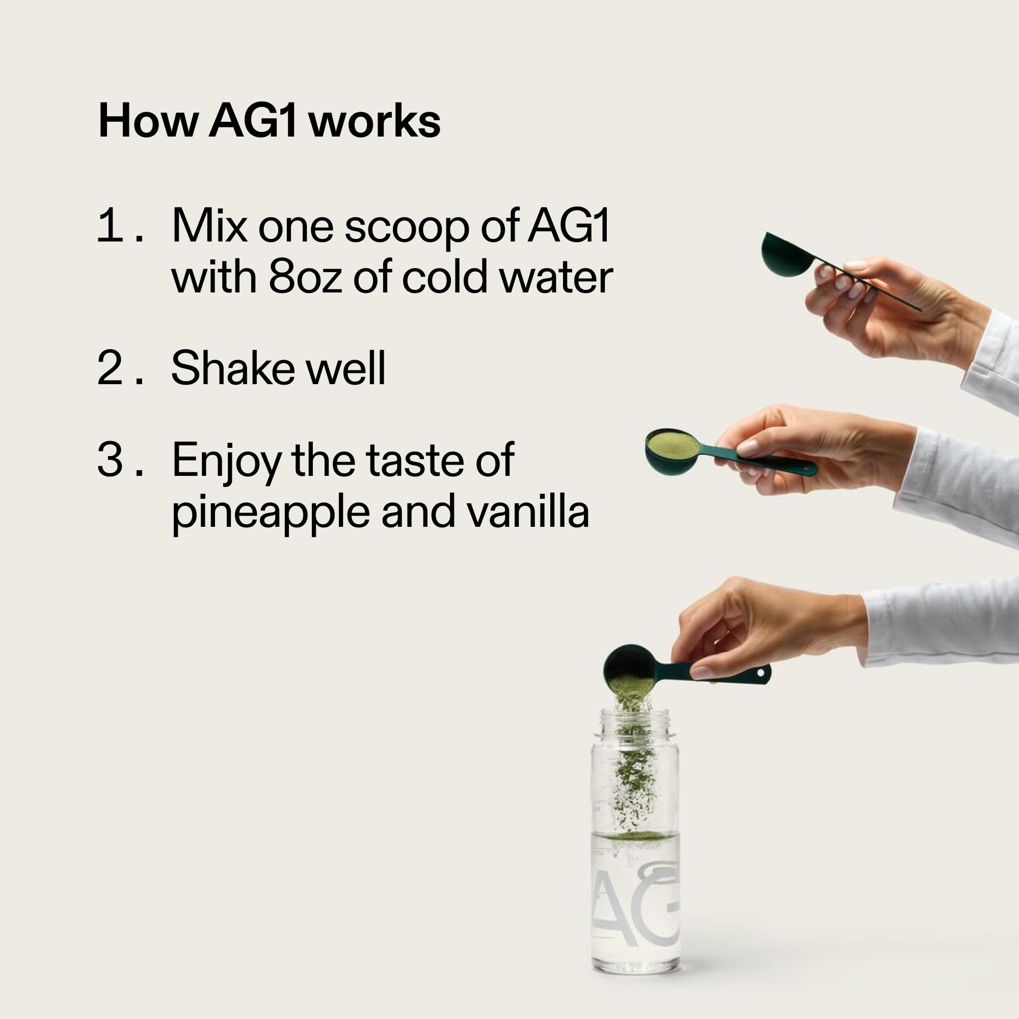 AG1 ready-to-mix glass with powder swirl conveying a refreshing drink.