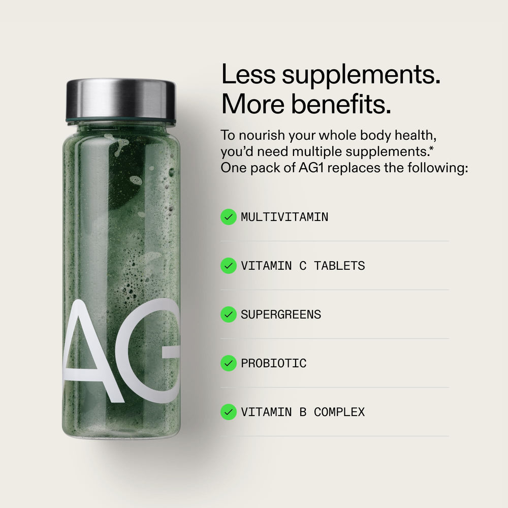 AG1 refill pouch label shows NSF-certified safety for athletes.