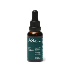 AG1 Vitamin D3+K2 drops bottle shown for bone and immune health support.