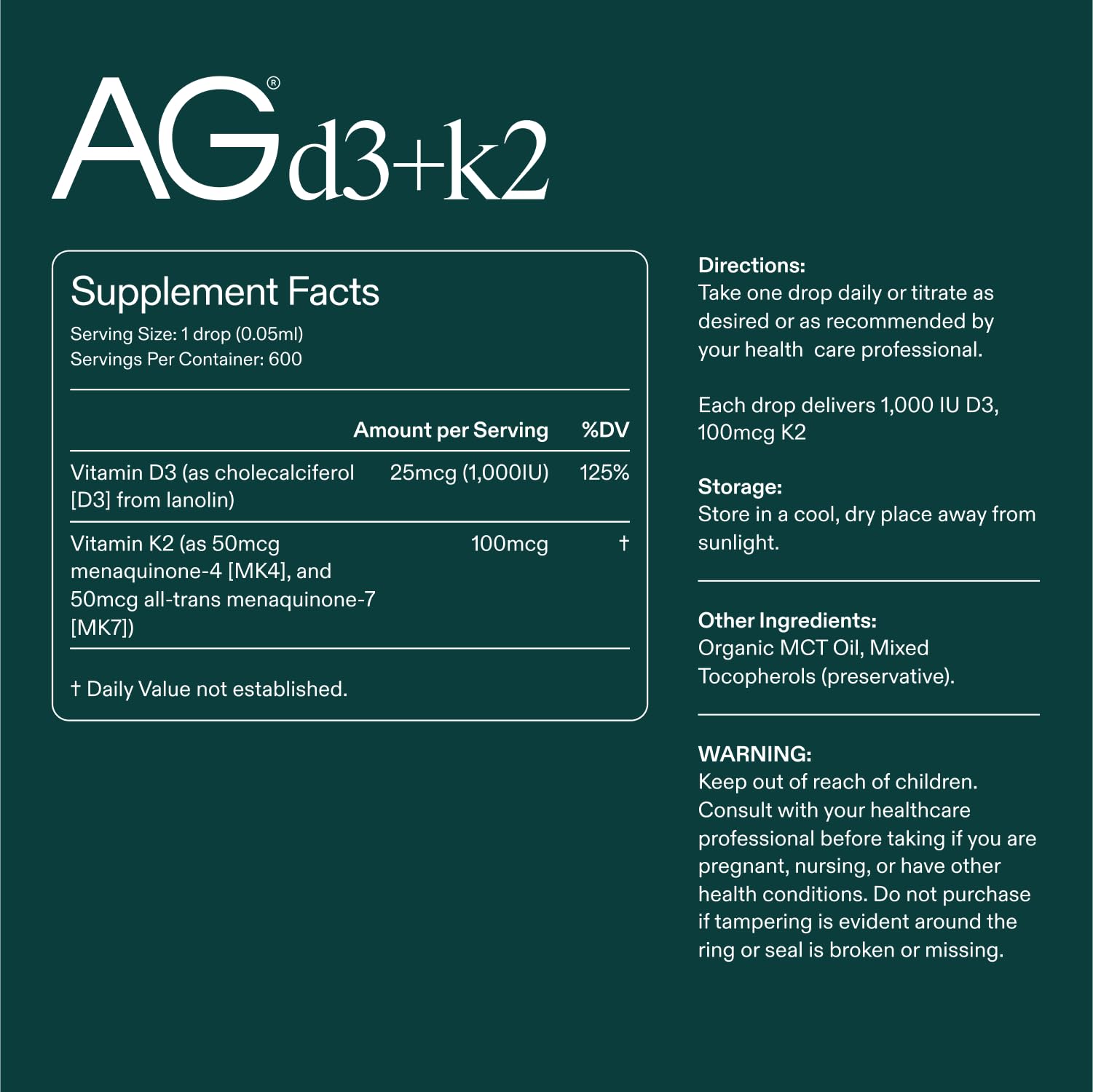 Oil-base formula of AG1 D3+K2 drops promotes absorption in the body.