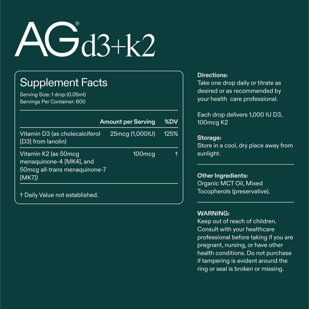Oil-base formula of AG1 D3+K2 drops promotes absorption in the body.