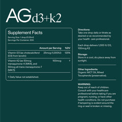 Oil-base formula of AG1 D3+K2 drops promotes absorption in the body.